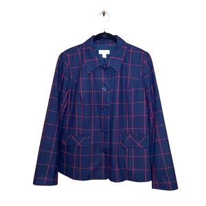 Tartan Plaid Wool Blend Classic Button Blazer Size 8 Navy‎ Dark Blue A31540